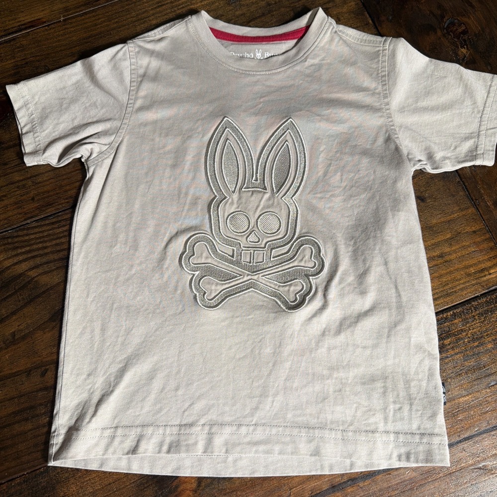 Psycho Bunny Boys 5-6 Gray T Shirt Embroidered Bunny Skull Logo Short Sleeve